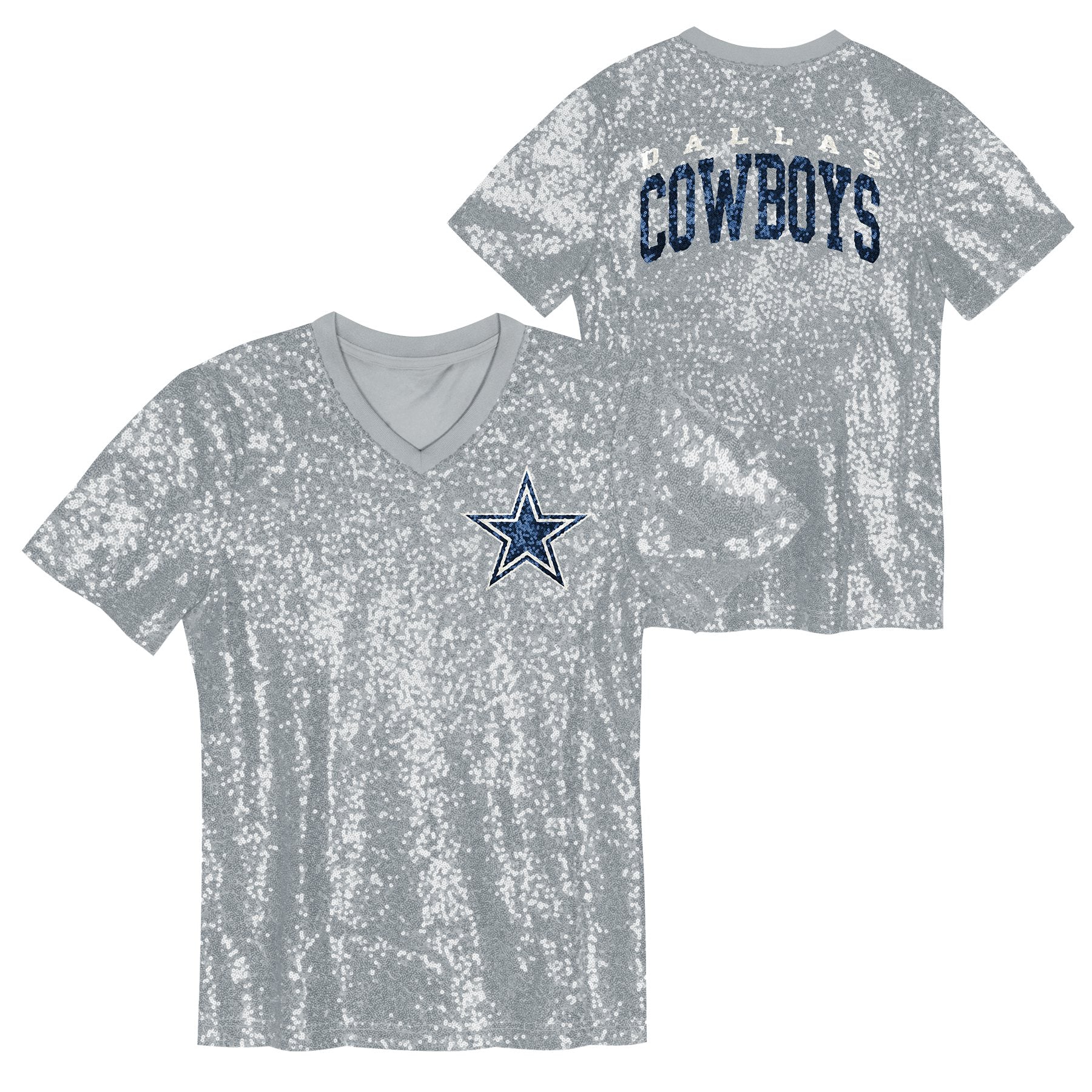 Playera Dallas Cowboys Mujer Sequin V-Neck Brillante Plateado