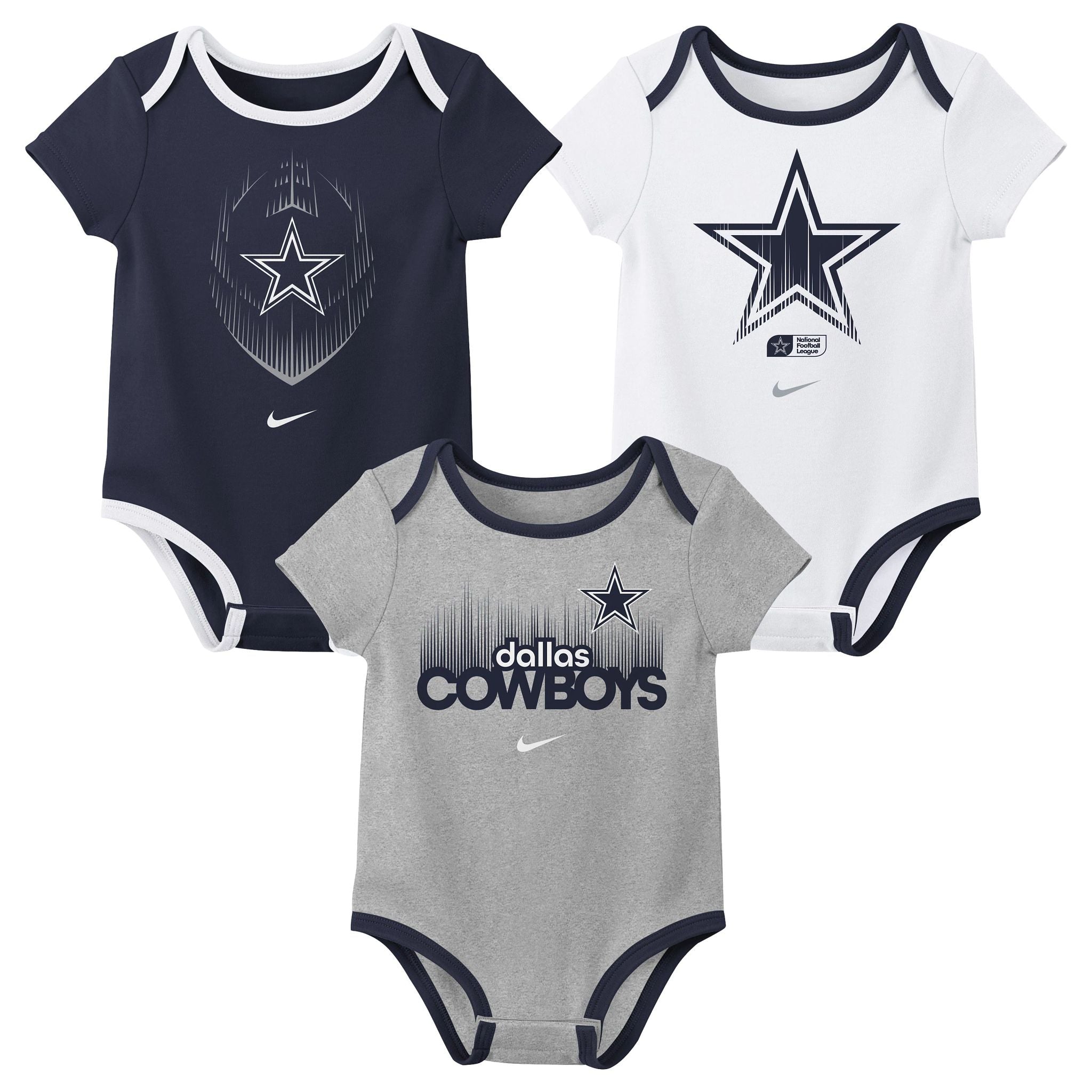 Set de 3 Bodies Nike Dallas Cowboys para Bebé – Azul Marino / Blanco / Gris Jaspeado
