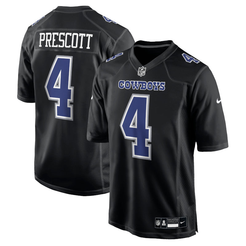 Camiseta de juego de moda de los Dallas Cowboys de Nike Dak Prescott en color negro carbono para hombre